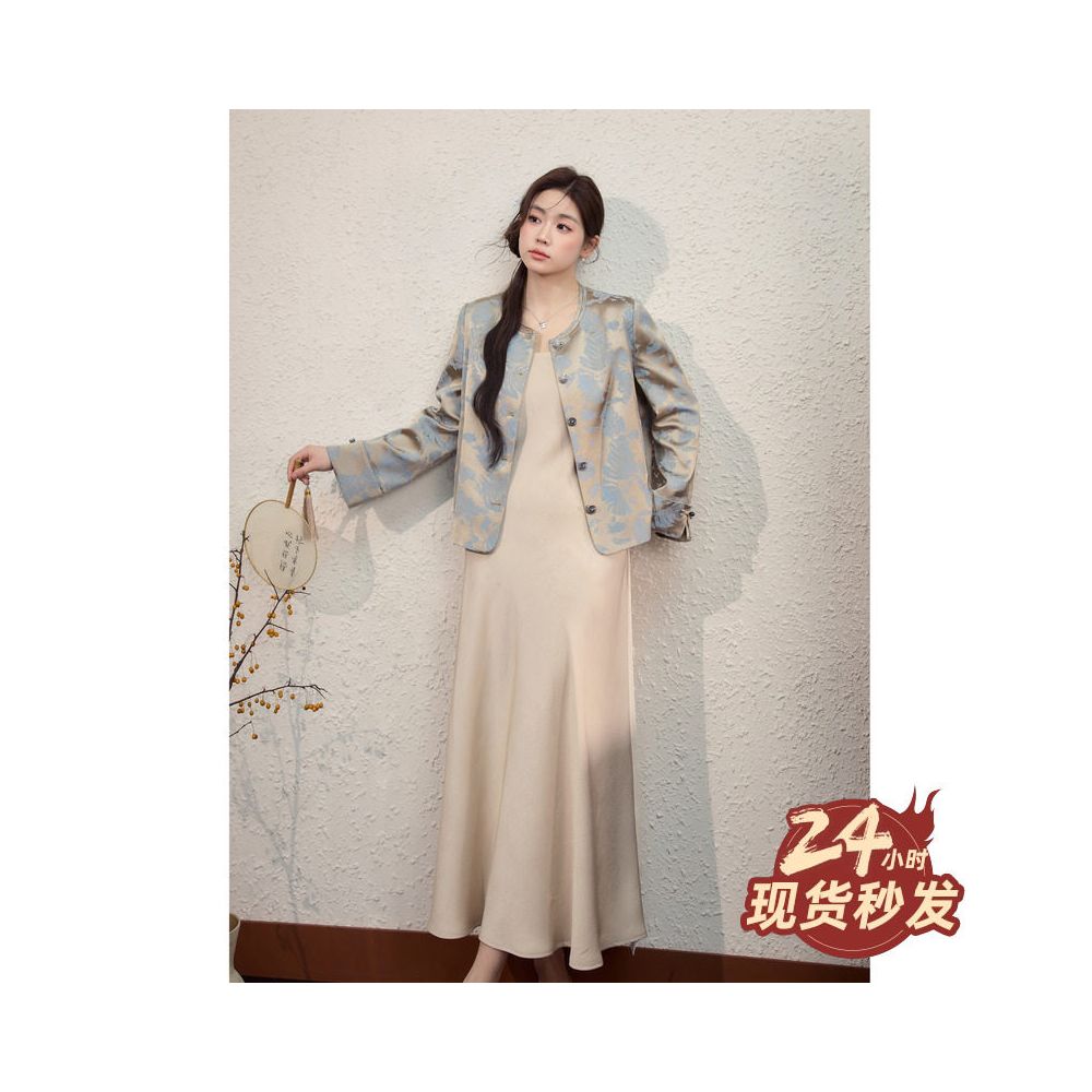 Blue language plus size women s clothing new Chinese jacquard temperament jacket top camisole dress spring and autumn outfit set 2025 image 2