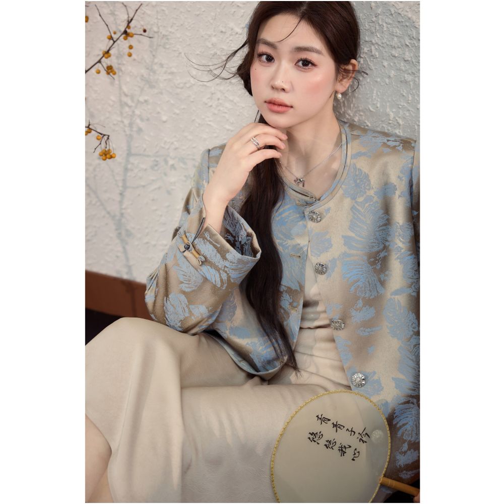 Blue language plus size women s clothing new Chinese jacquard temperament jacket top camisole dress spring and autumn outfit set 2025 image 3