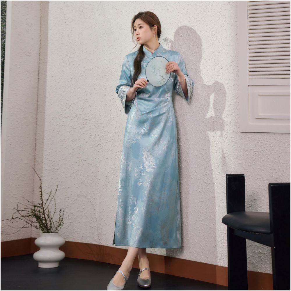 Blue language plus size women s clothing new Chinese style improved jacquard qipao skirt 2025 autumn new style slimming elegant dress image 3