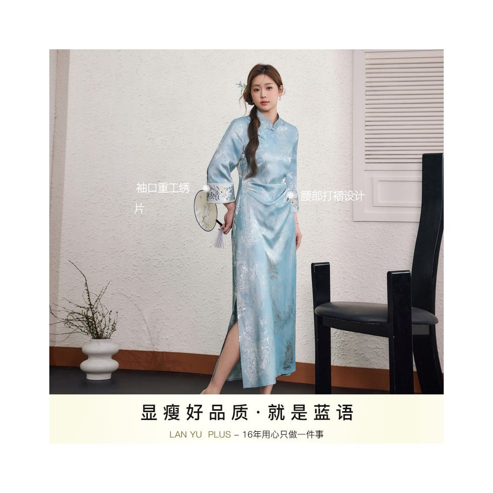 Blue language plus size women s clothing new Chinese style improved jacquard qipao skirt 2025 autumn new style slimming elegant dress image 4