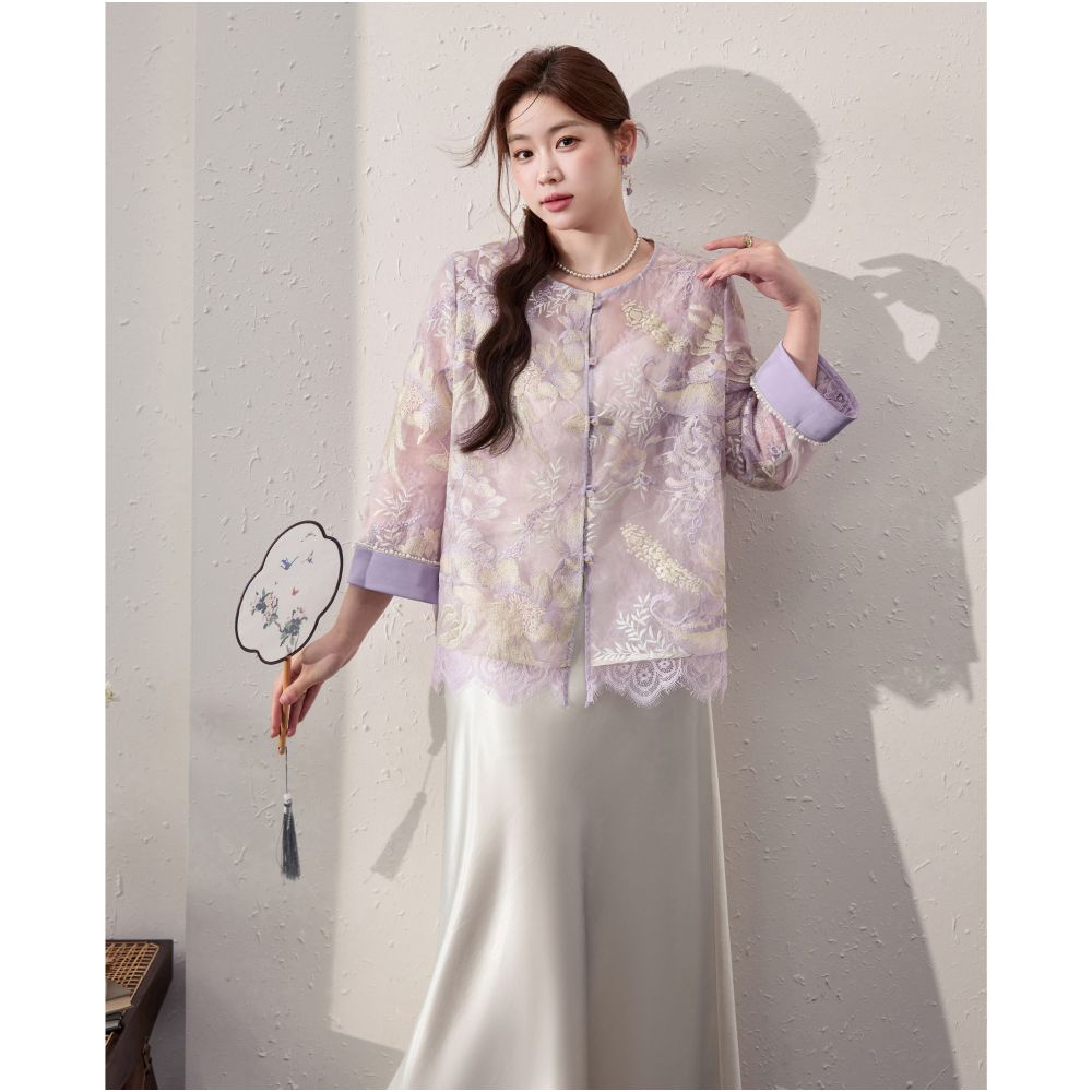 Purple smoke curling blue language plus size women s clothing new Chinese embroidery top imitation vinegar cool half skirt two piece set image 3