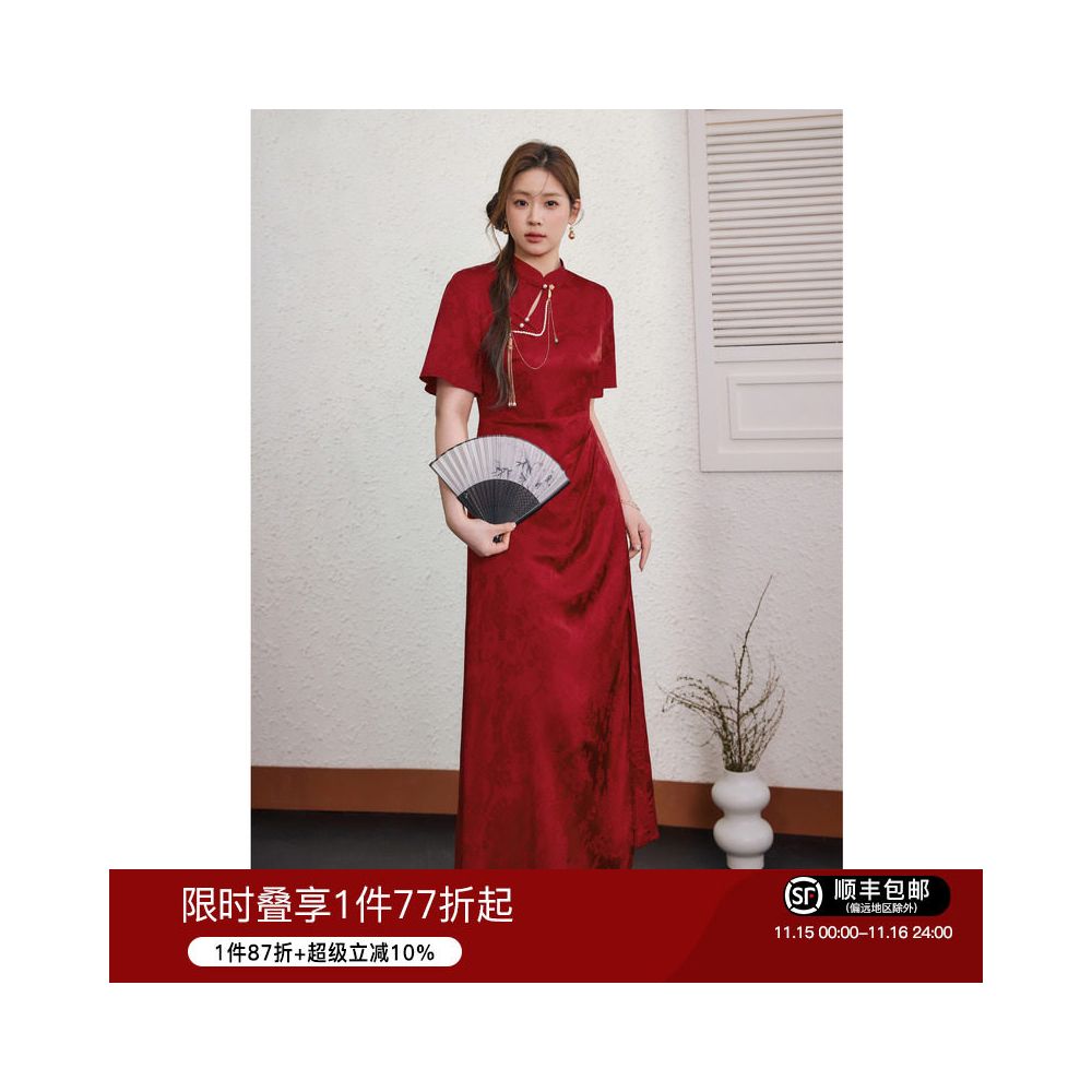 National color blue language plus size women s clothing new Chinese style red engagement cheongsam summer waist hugging and belly covering dress image 1
