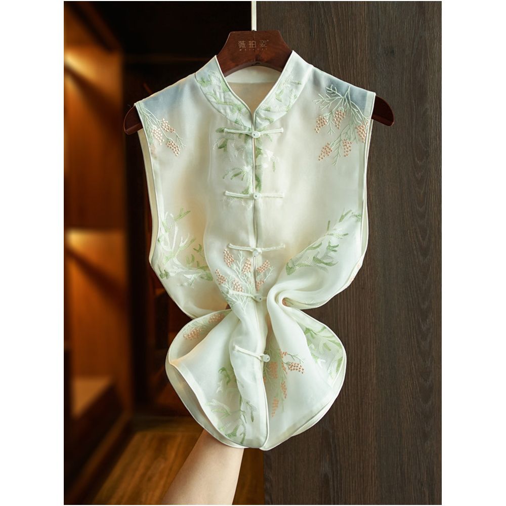 High end white silk Chinese style shirt vest summer thin design worn on the outside retro embroidered mulberry silk new Chinese style top image 1