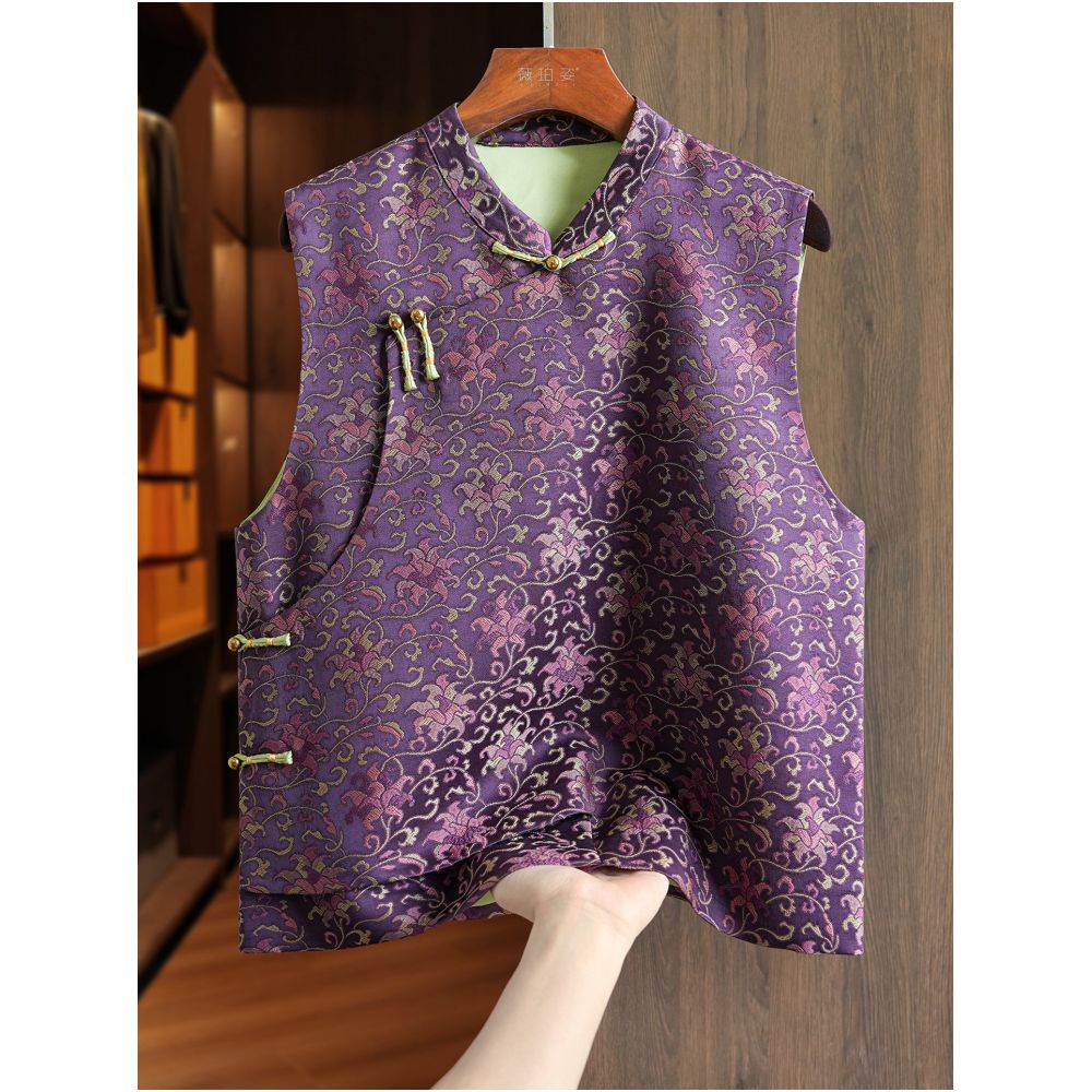 Red silk Song brocade fragrant cloud yarn craft vest women s style improved diagonal collar plate buckle new Chinese style outerwear top image 2