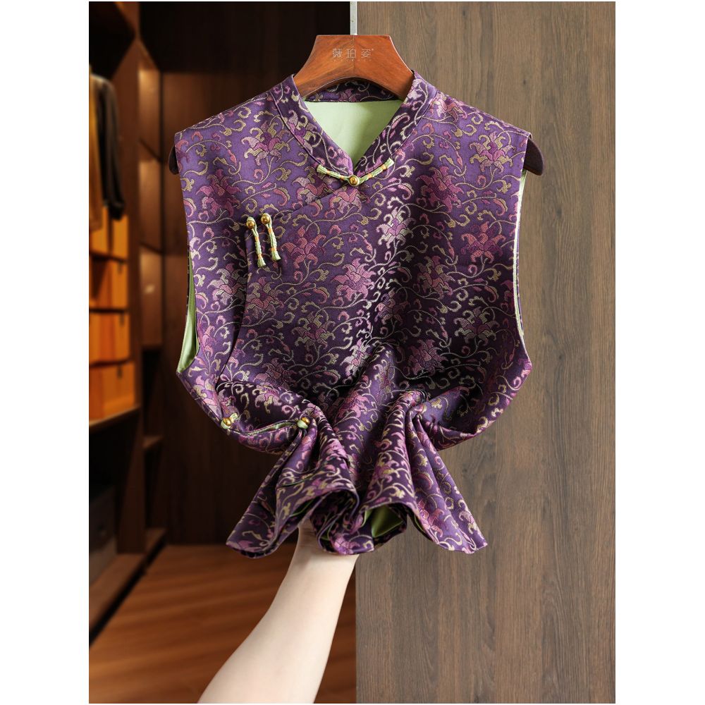 Red silk Song brocade fragrant cloud yarn craft vest women s style improved diagonal collar plate buckle new Chinese style outerwear top image 3