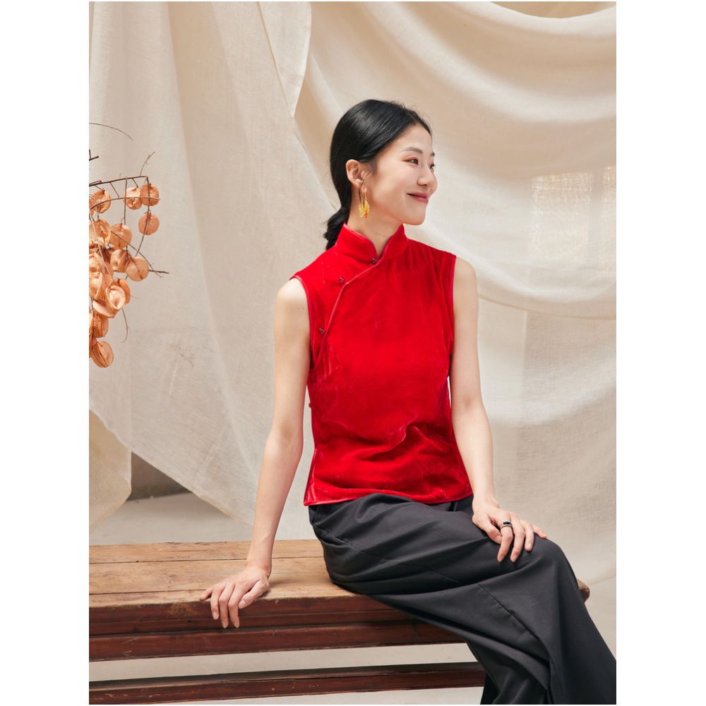 ASAYA6064 – Scarlet Velvet Mandarin Top ❤️✨