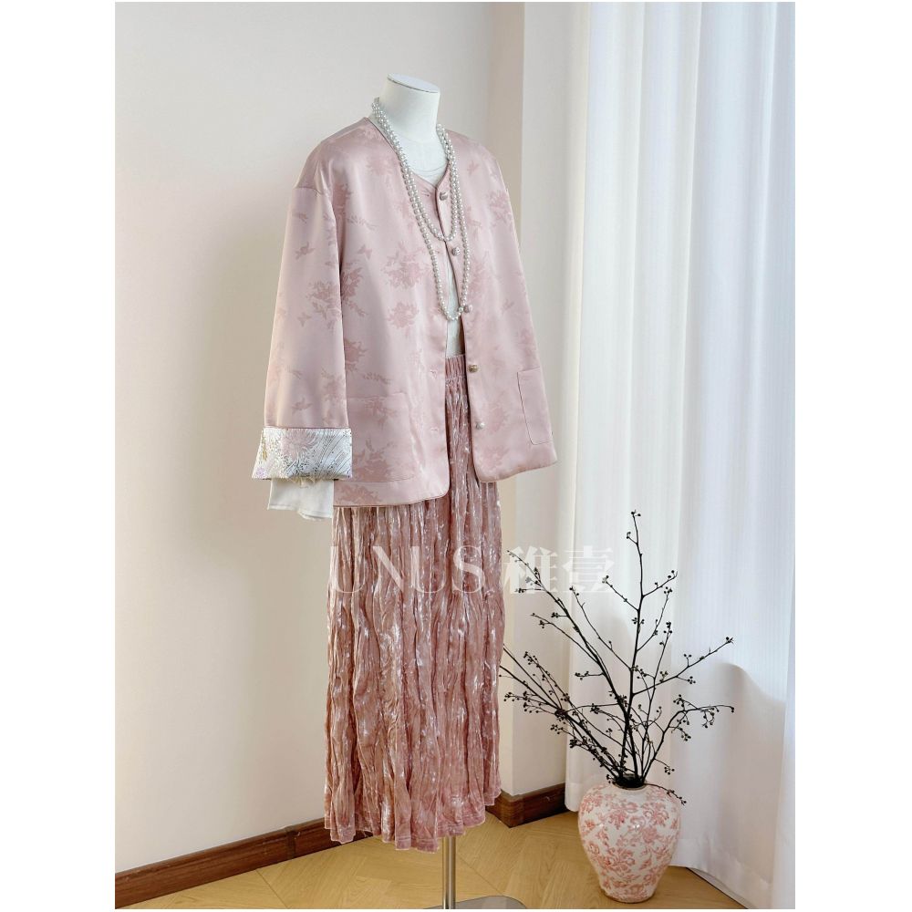 UNUS Young Chinese Style Pink New Chinese Coat Song Jin Tiled Flower Plate Buckle Short Spring and Autumn Women s Cotton Robe image 2