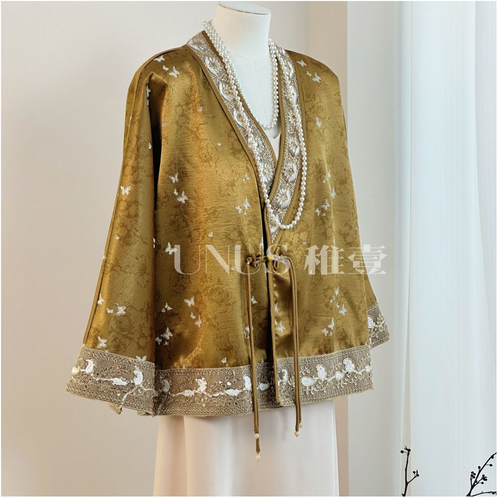 UNUS New Chinese style outer garment with butterfly embroidery retro cardigan tea jacket luxurious V neck thin jacket top image 1