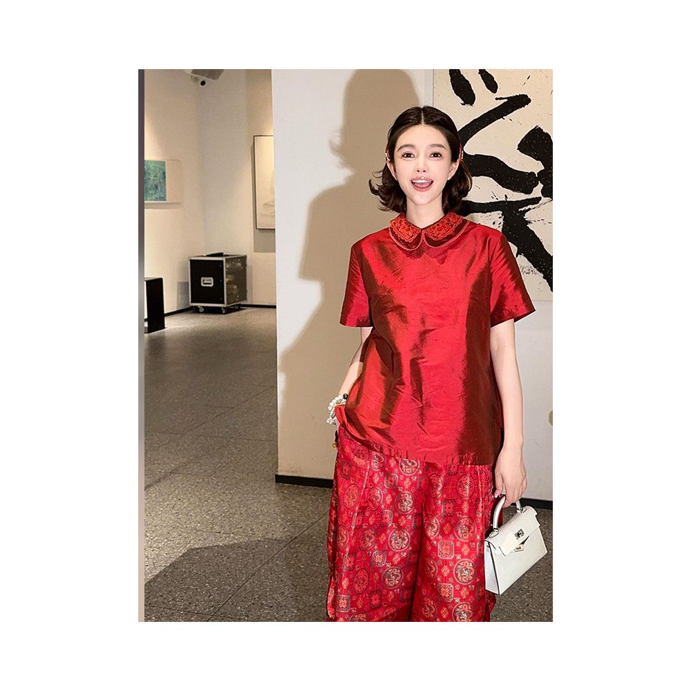 New Chinese style red collared short sleeved T shirt for women 2025 new summer style unique and beautiful dopamine top image 4