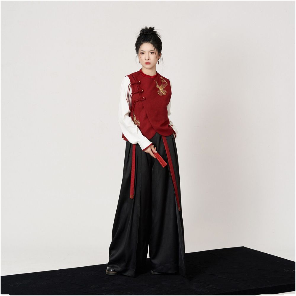 Weaving Company Fire Sparrow Colorful Oriental Show Style National Style Pan Gold Embroidery Improved Vest Coat Stand Collar Shirt Wide Leg Pants image 1