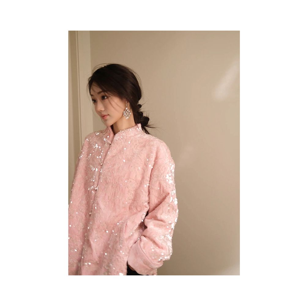 Tang style new Chinese style outerwear with autumn and winter design sense sequins for warmth pink for high end design sense aging reduction by 2025 image 4