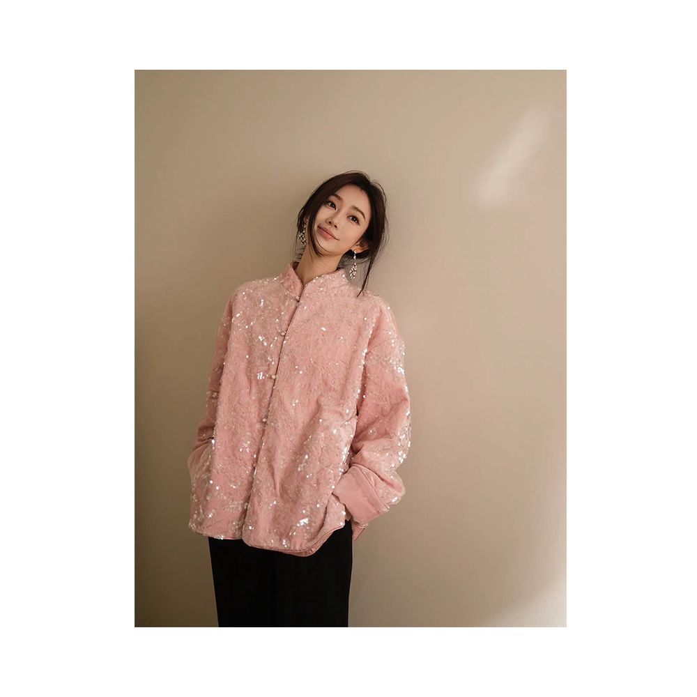 Tang style new Chinese style outerwear with autumn and winter design sense sequins for warmth pink for high end design sense aging reduction by 2025 image 0