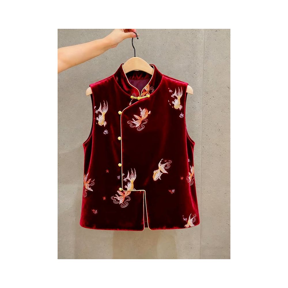 New Chinese style velvet vest for women in winter 2025 featuring printed button up collar Chinese style vest and high end top image 0