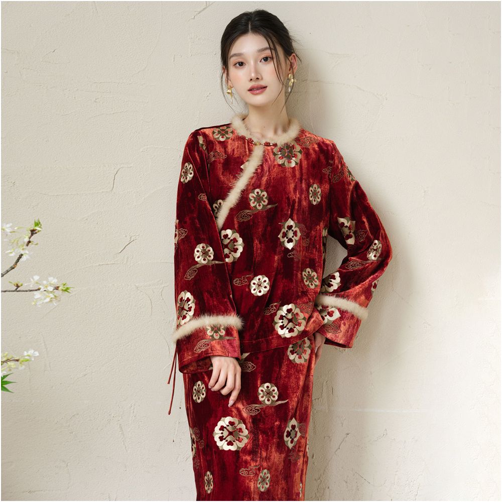 Chuchan New Chinese style 100 Mulberry Silk Set Women s 25 Winter New Style Chinese Velvet Hot Stamped Jacquard Silk Top image 1