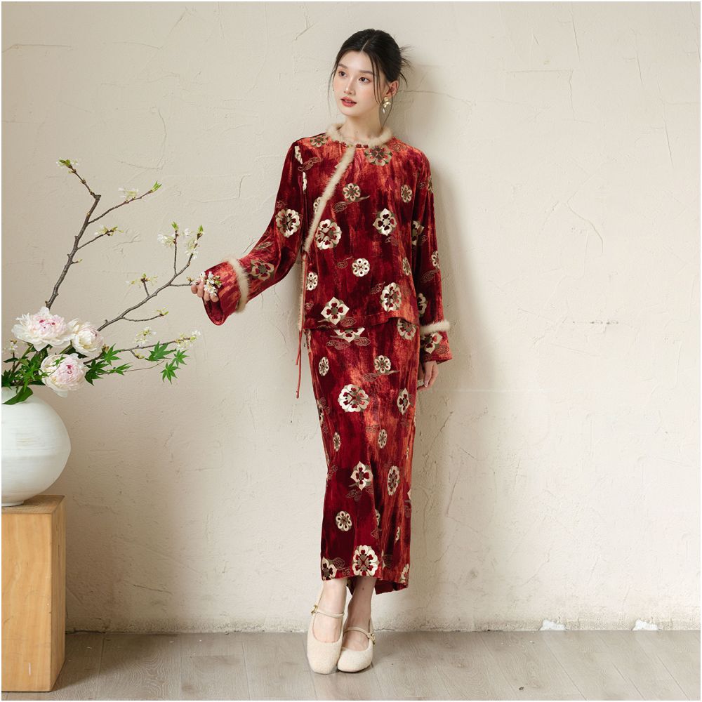 Chuchan New Chinese style 100 Mulberry Silk Set Women s 25 Winter New Style Chinese Velvet Hot Stamped Jacquard Silk Top image 3