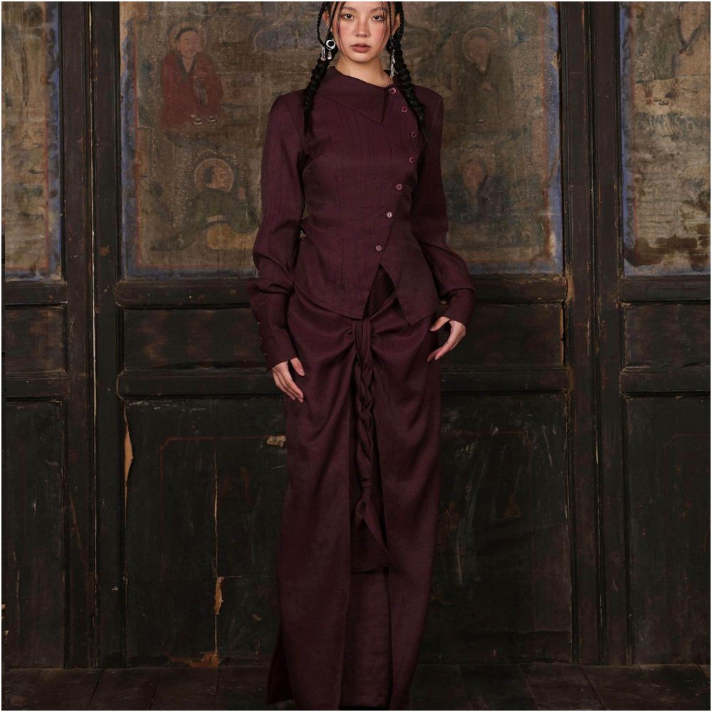 Wuhe blend collar waist pinching long sleeved shirt pearl fruit button set Tracing back to it image 0