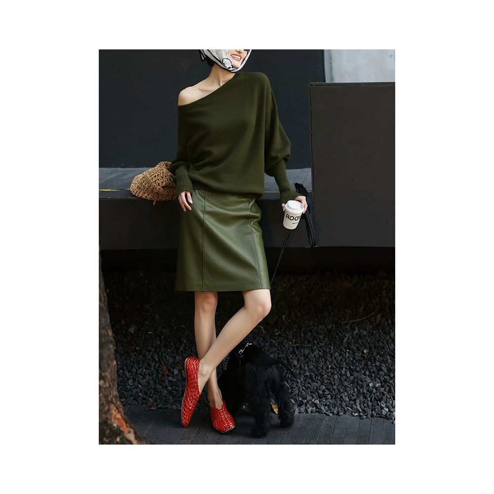 Relaxing outfit with a complete set of women s spring new dark green knitted off shoulder top and green leather skirt two piece set image 2
