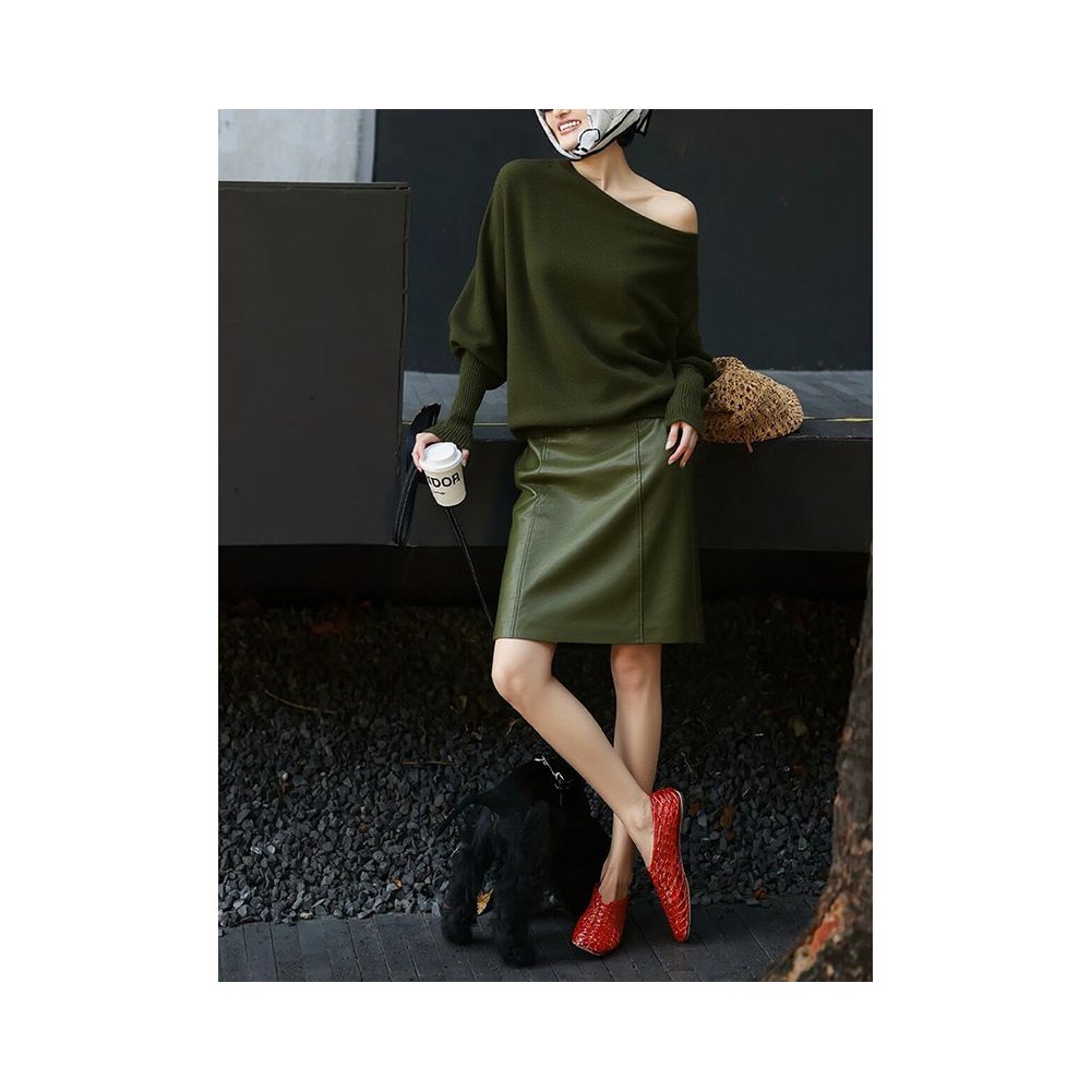 Relaxing outfit with a complete set of women s spring new dark green knitted off shoulder top and green leather skirt two piece set image 5