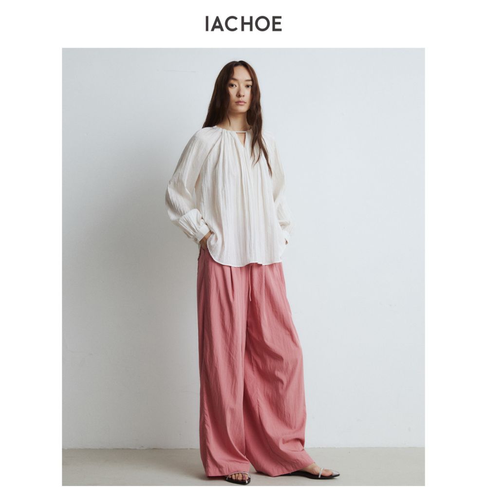 IACHOE textured long sleeved shirt for women 25 in early autumn French style elegant loose willow pleated pullover top small shirt image 0