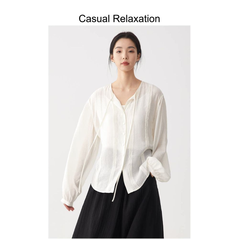 CR textured ribbon white shirt for women s spring and summer new style French shirt cardigan long style simple and relaxed top image 0