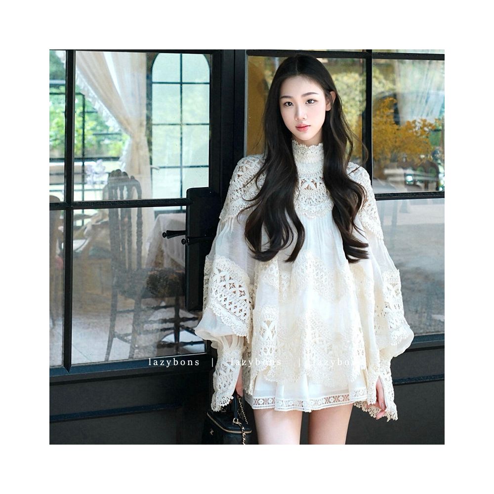 Unique and beautiful set of female swing gold socialite temperament sexy hollow out stand collar long sleeved lace shirt half skirt two piece set image 1