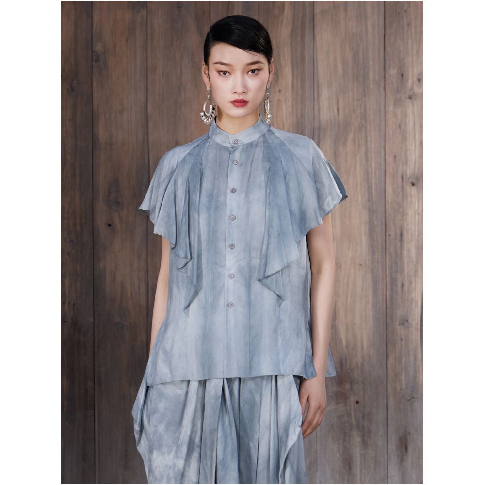 Boundary inside and outside standing collar lotus leaf sleeves short sleeved loose summer shirt made of old plant dyed silk shirt J52C1041 image 1