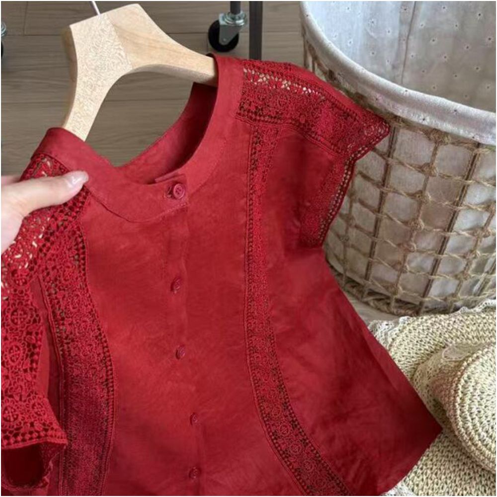 STUDIO celebrates today Extremely white Red heavy industry lace hollow out shirt for women s summer high end slimming short sleeved top image 3
