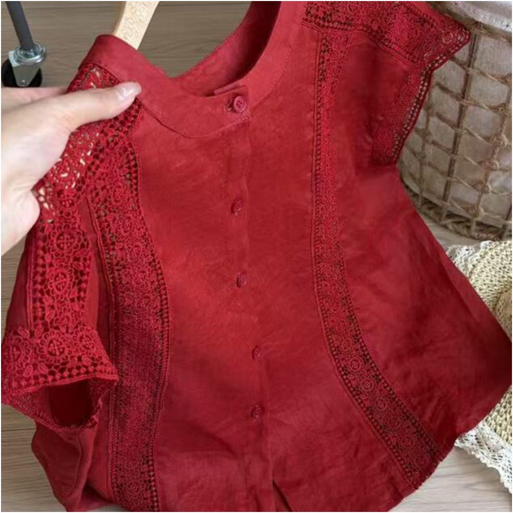 STUDIO celebrates today Extremely white Red heavy industry lace hollow out shirt for women s summer high end slimming short sleeved top image 4
