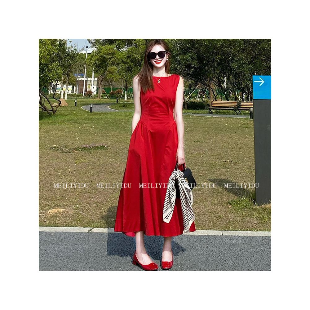 MLYD Customized Large Size French Style Red Sleeveless Western Dress with High Grade Collection Waist Mid length Edition Engagement Dress image 0