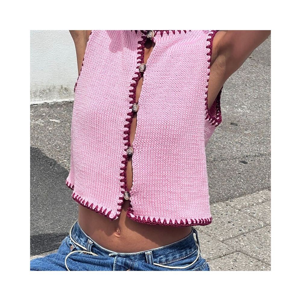Wildgirl autumn new item contrasting color ultra short woolen edge wrapped small vest embroidered vest top women s clothing image 0