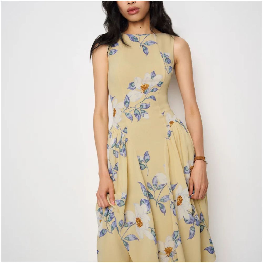 Inhee homemade ref sleeveless waist hugging vacation style light yellow small white floral floral dress image 3