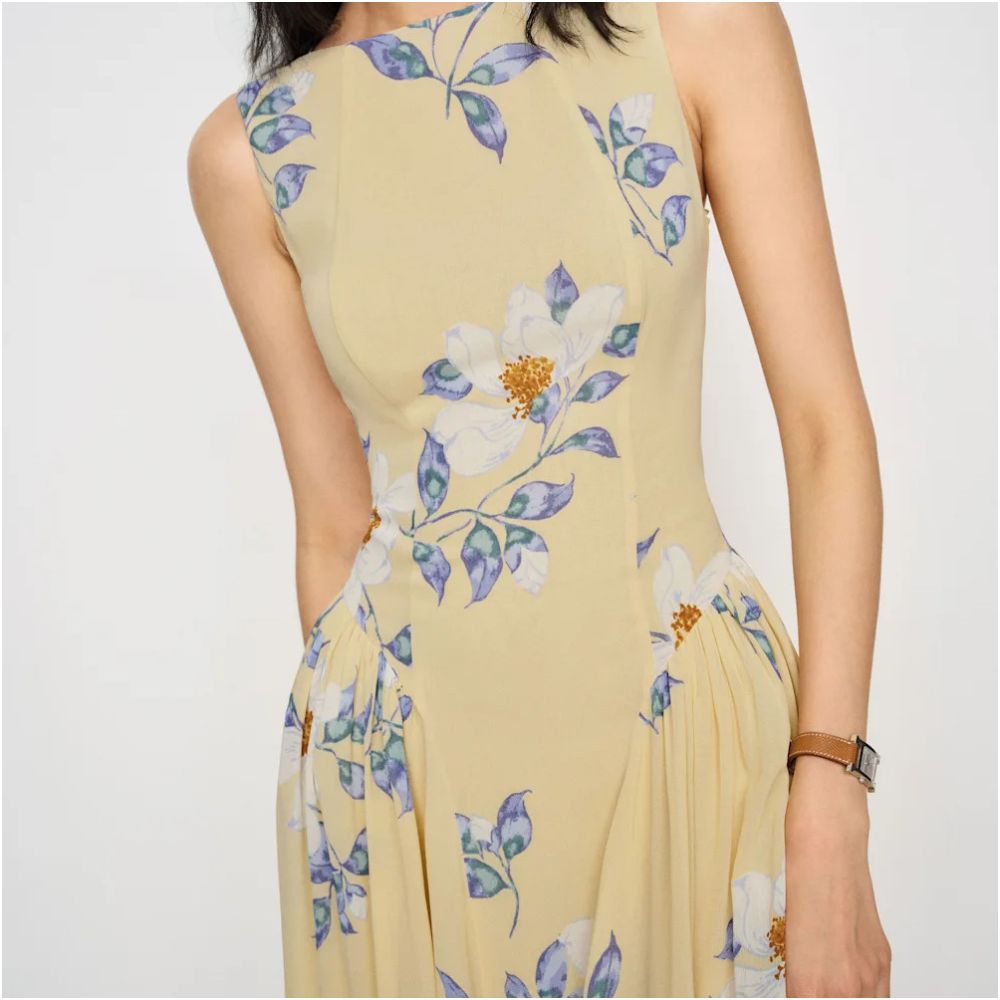 Inhee homemade ref sleeveless waist hugging vacation style light yellow small white floral floral dress image 4