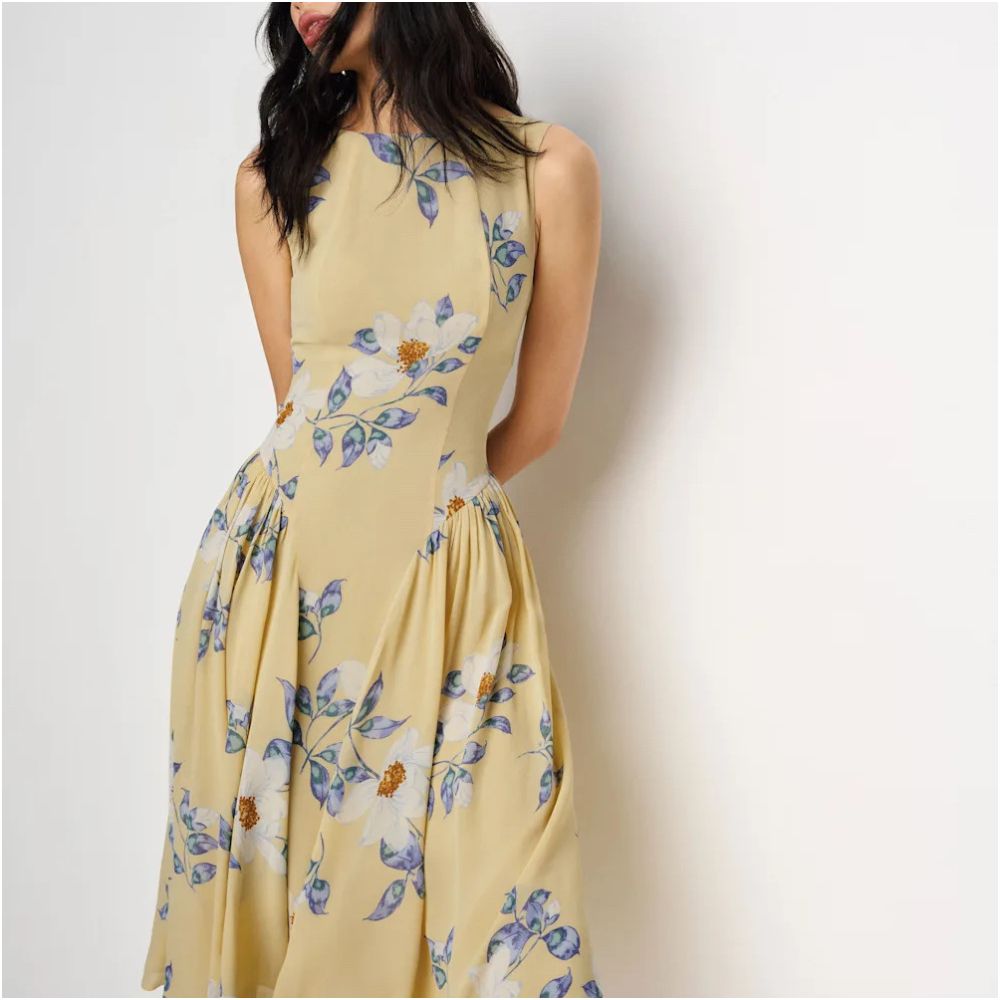 Inhee homemade ref sleeveless waist hugging vacation style light yellow small white floral floral dress image 0