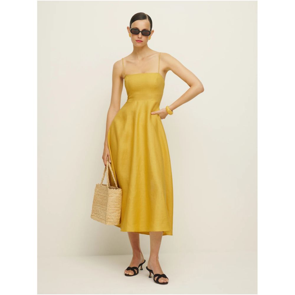 Inhee Homemade Elegant Classic Sunshine Sunflower Flat Mouth Thin Shoulder Strap Waist Large Skirt Linen Dress image 3