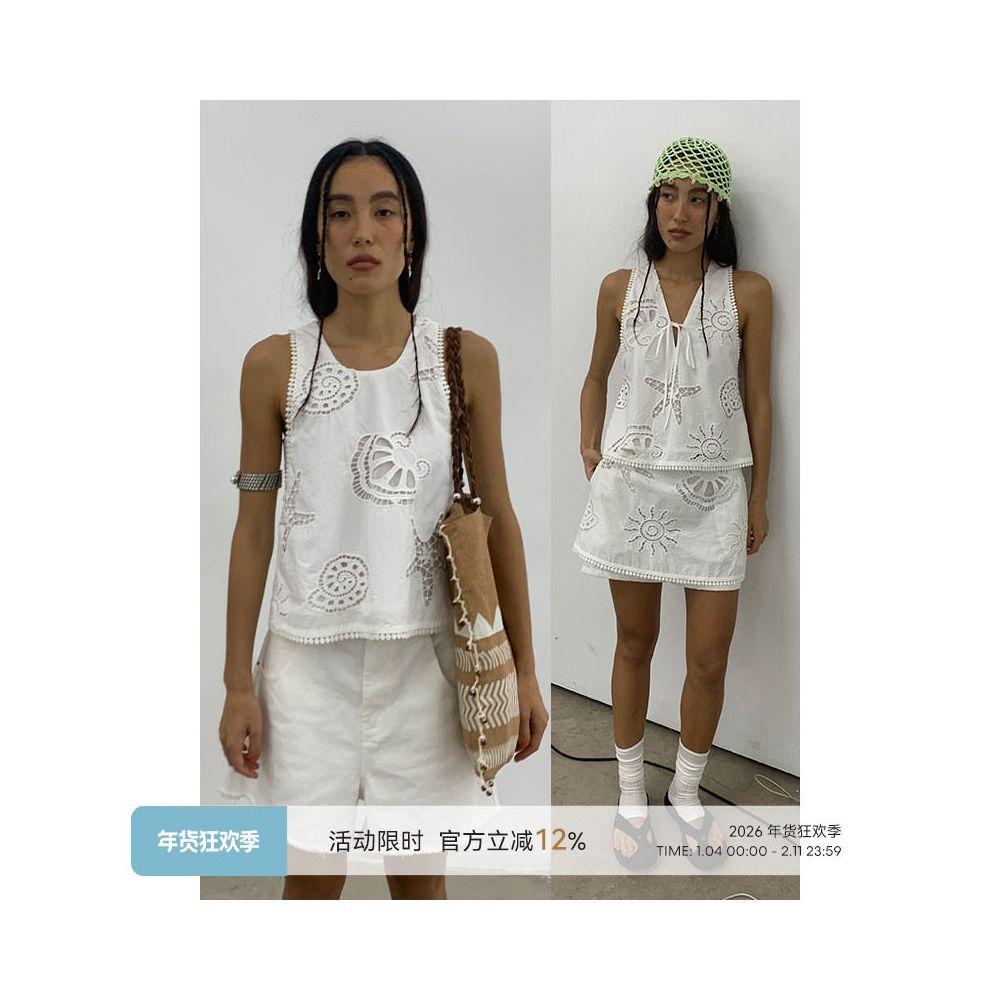 TiaTia Summer Ocean Front and Back Hollow A line Sleeveless Tank Top Low Waist A Swing Anti Skirt Pants image 0