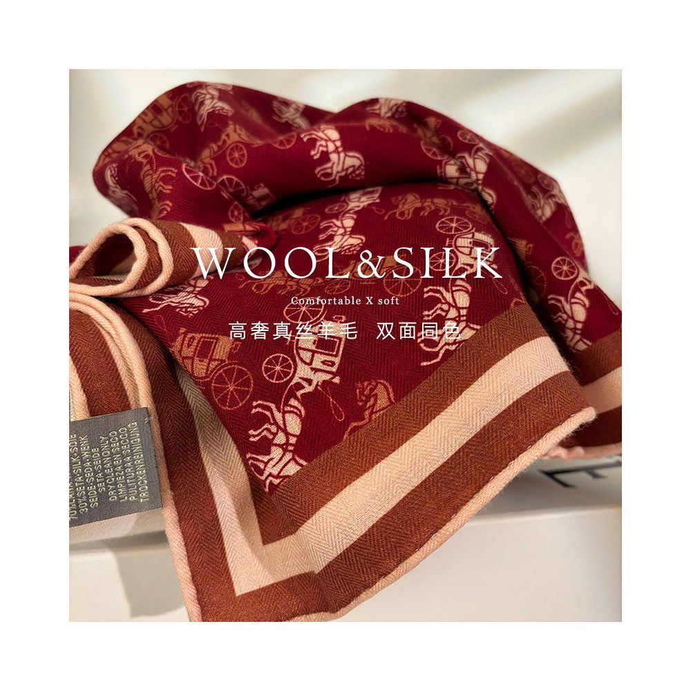 French style Anke pulled the red carriage Advanced silk wool scarf for women s spring and autumn warm silk wool square scarf shawl image 4