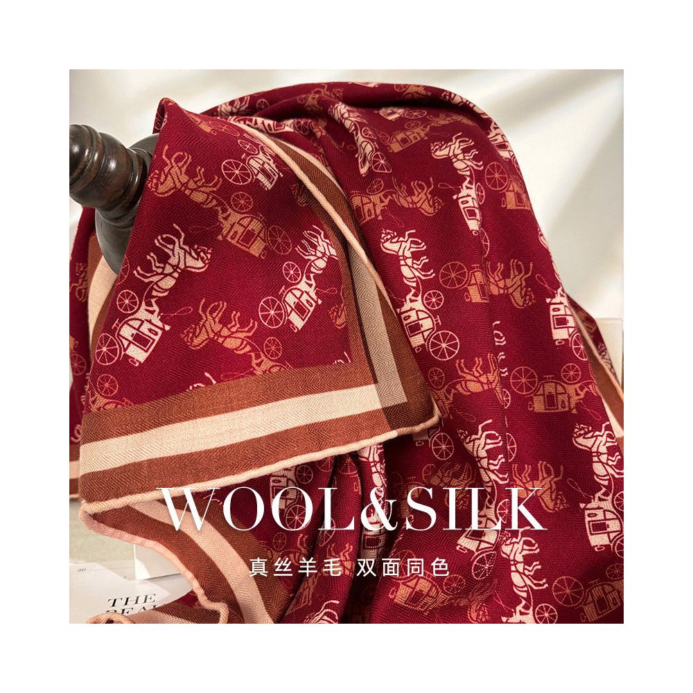 French style Anke pulled the red carriage Advanced silk wool scarf for women s spring and autumn warm silk wool square scarf shawl image 0