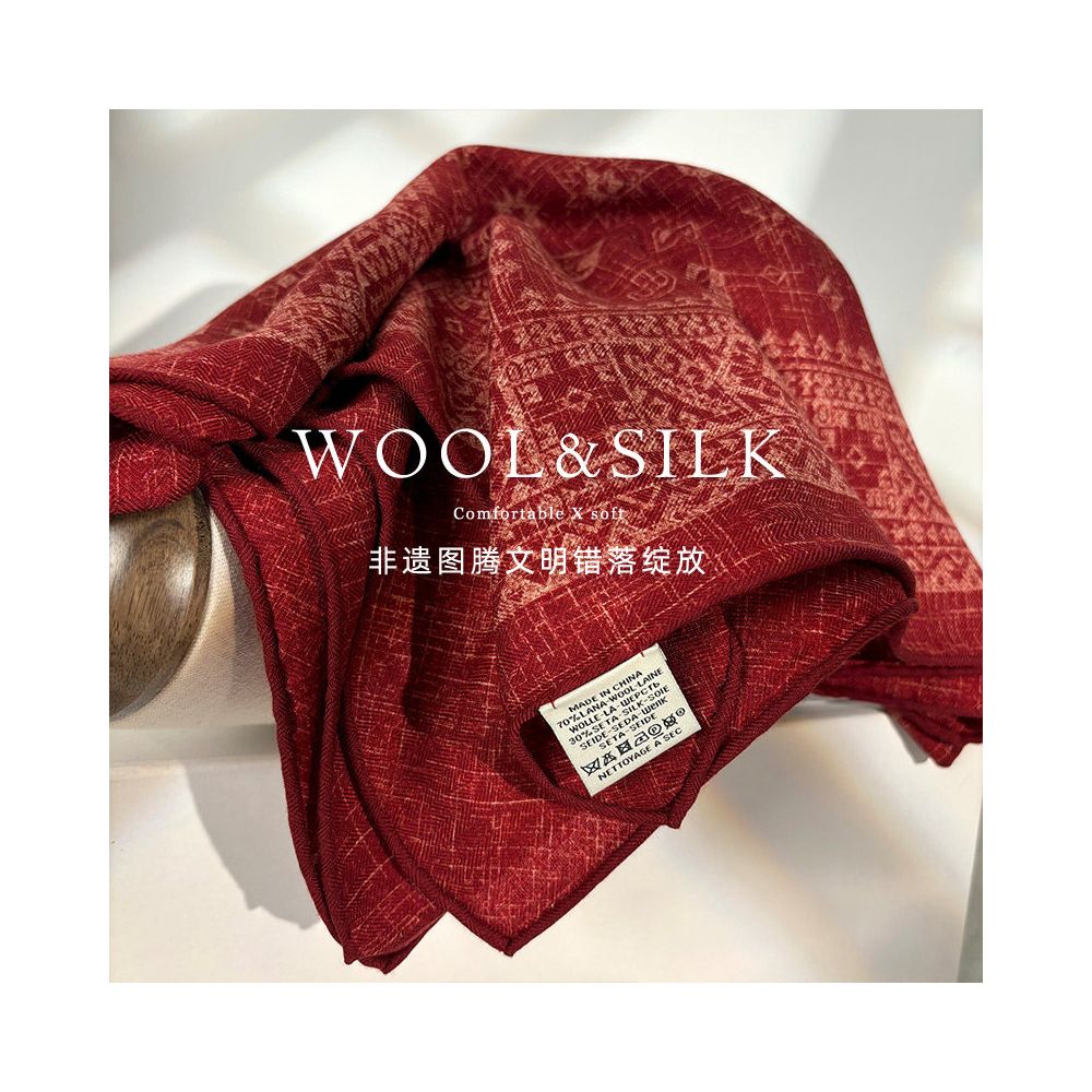 A niche tie dye pattern Light luxury Ankela red silk scarf for women s autumn and winter warm silk wool square scarf shawl image 3
