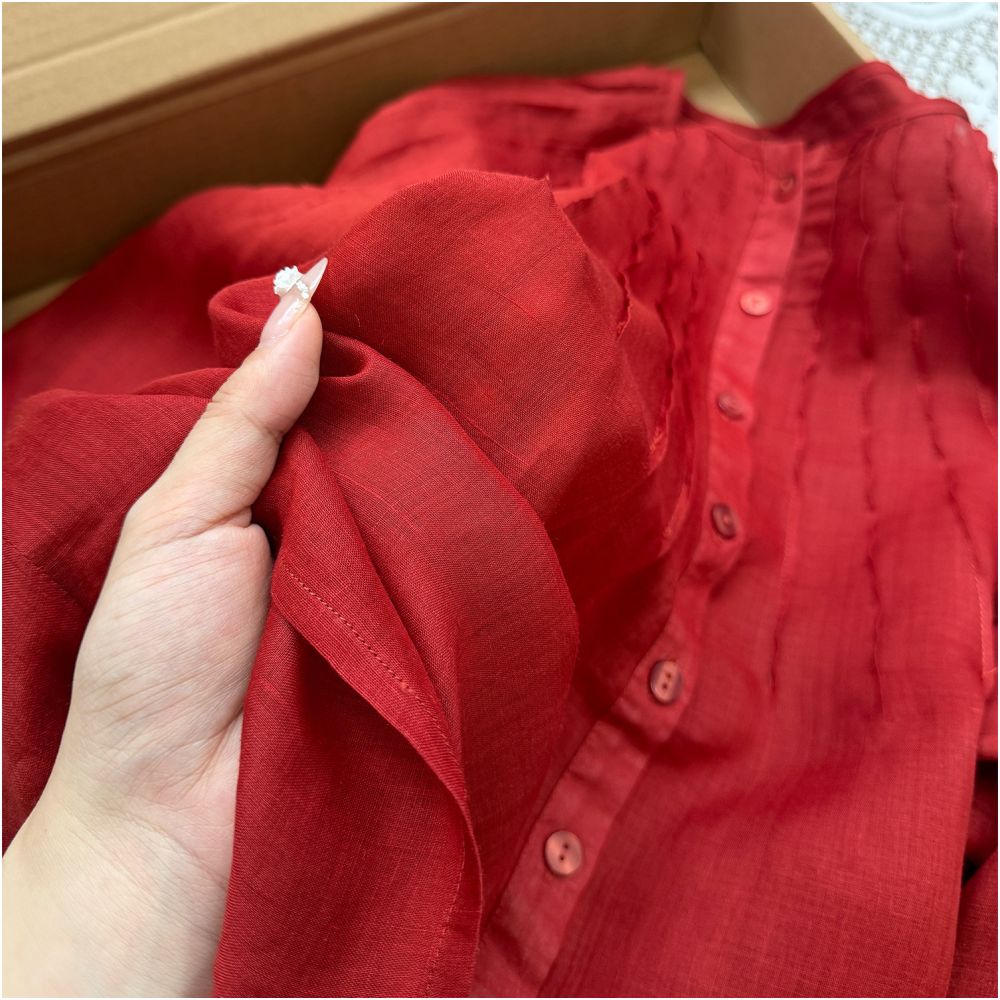 CHAO level recommendation Extremely white Retro red patchwork wrinkled loose and slimming ramie shirt top for women image 4
