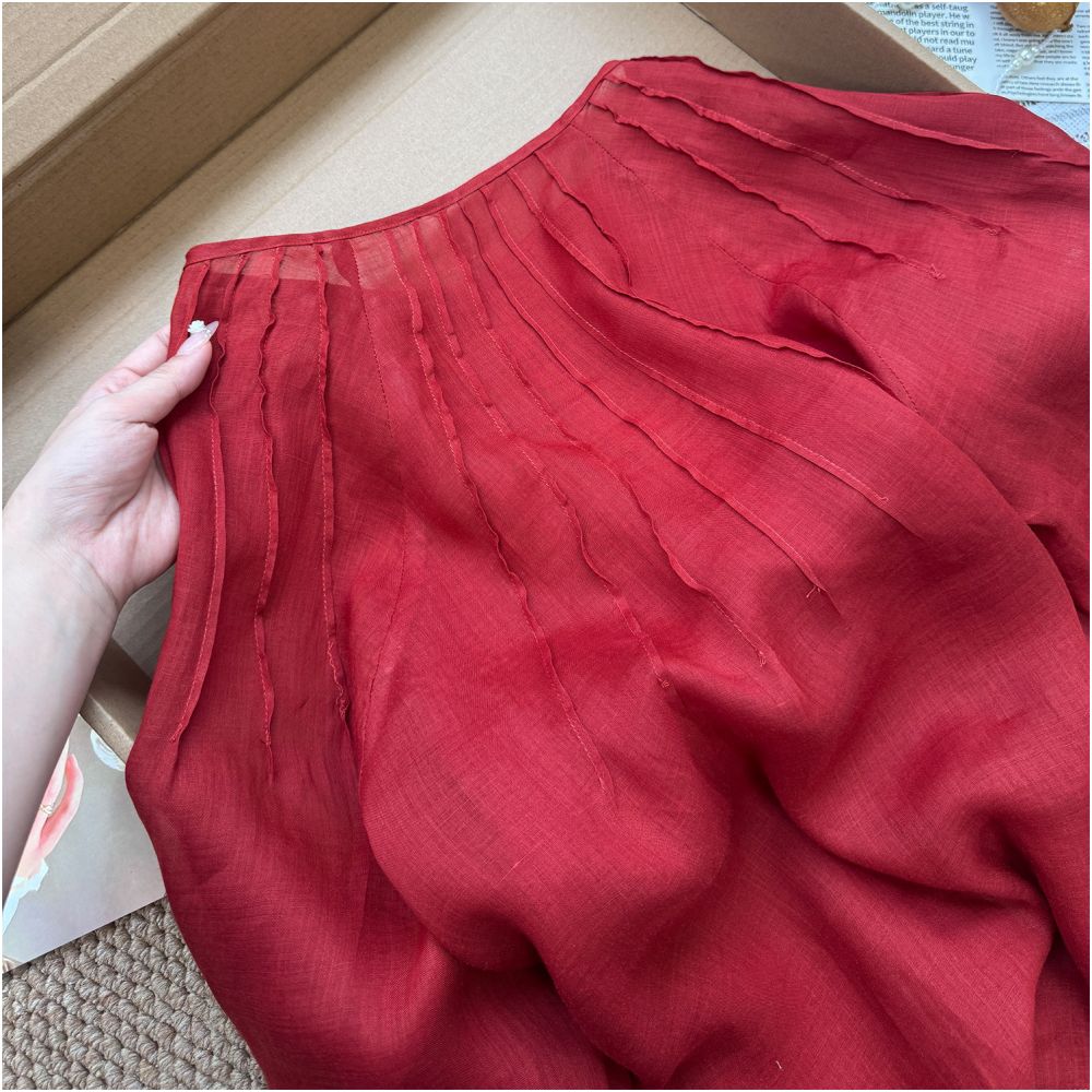 CHAO level recommendation Extremely white Retro red patchwork wrinkled loose and slimming ramie shirt top for women image 5