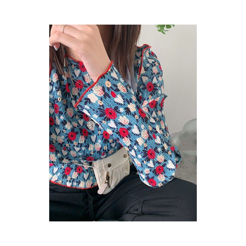 ASAYA6169 – Retro Bloom Pleated Top 🌺💙
