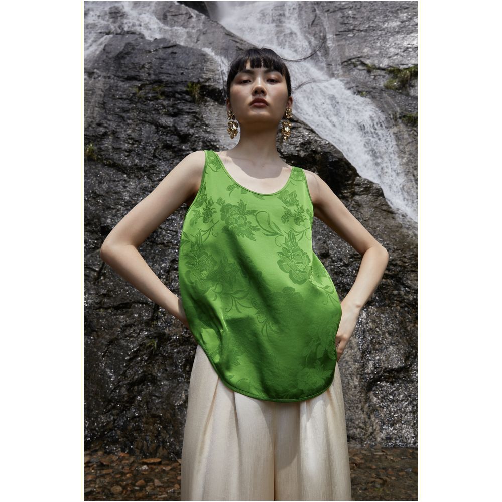 PaleBlueDot Summer Fashion Designer Forest Green Acetate Jacquard U neck Tank Top Strap image 1