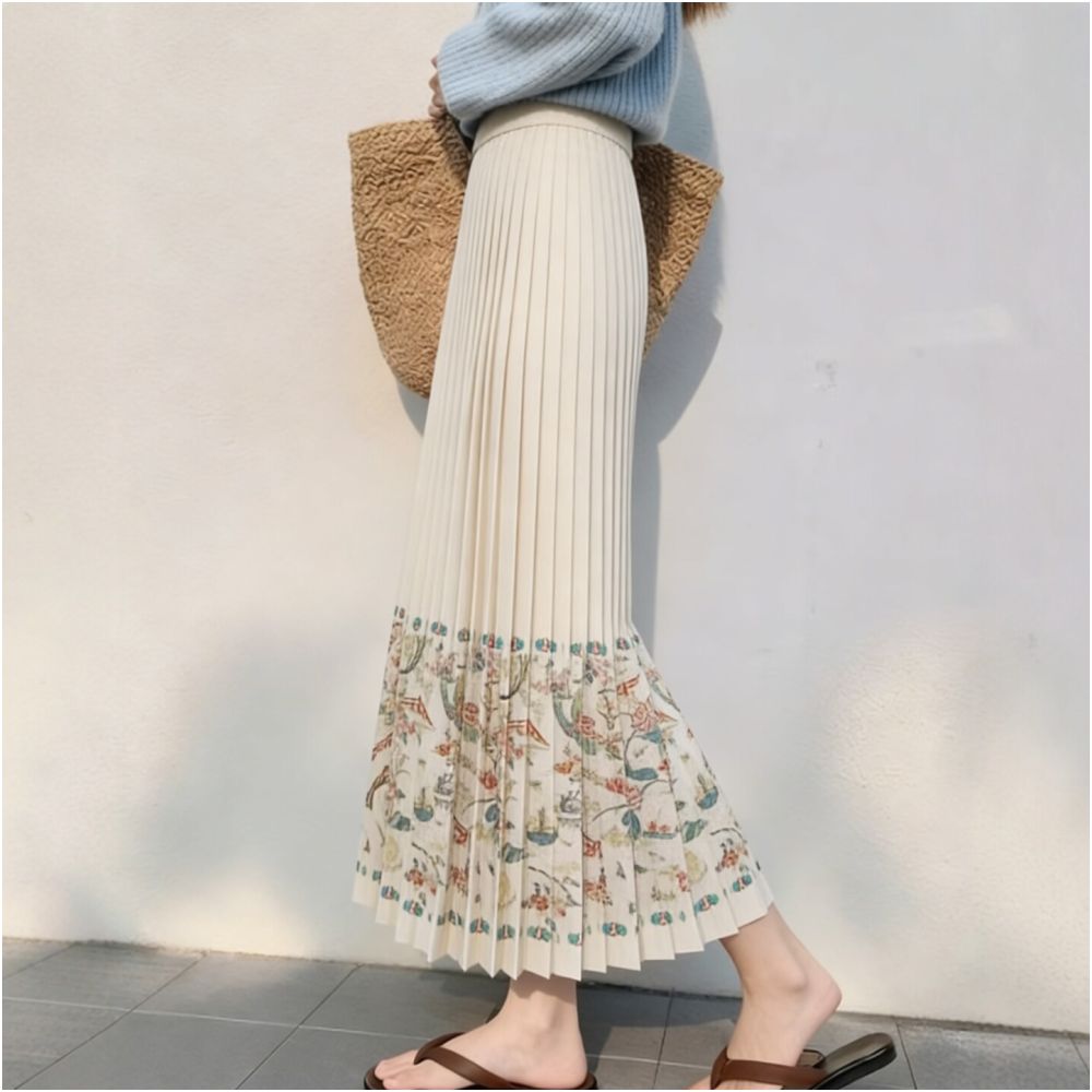 Spot rice white Chinese style pleated skirt with retro Chinese pattern printing hanging pleated hem covering commuting style image 2