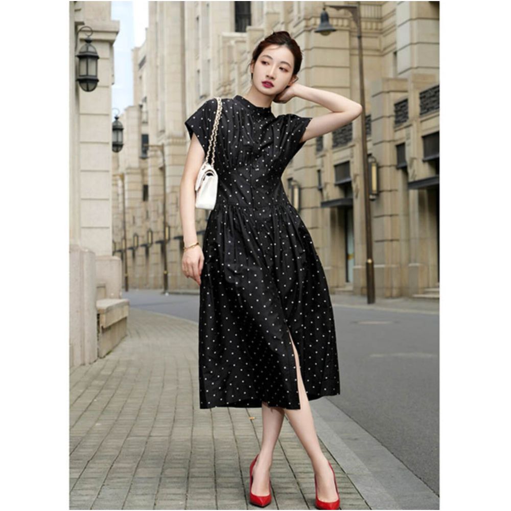 2025 new French style Kikyo Hepburn style small black dress with high end black polka dot dress for women s summer long dress image 0