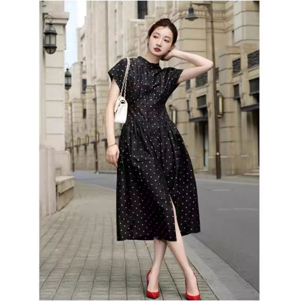 2025 new French style Kikyo Hepburn style small black dress with high end black polka dot dress for women s summer long dress image 3