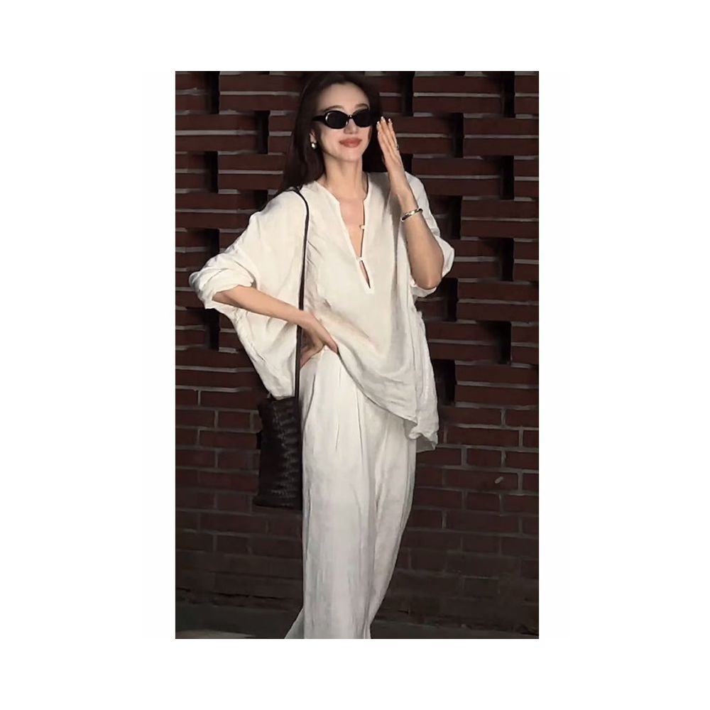 Cotton and linen women s high end set casual sports white shirt for spring and summer fashion simple temperament linen loose feeling wearing style image 3