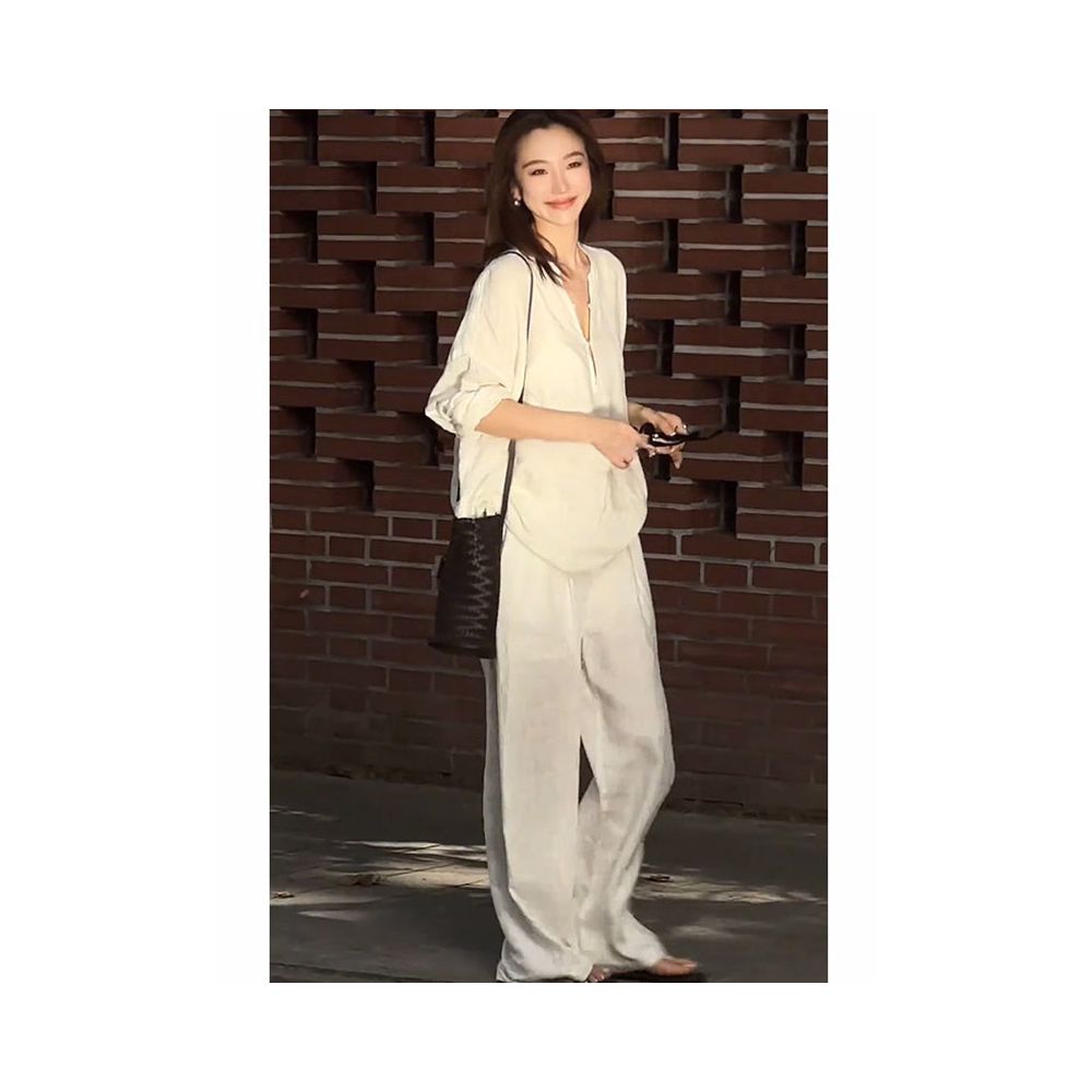 Cotton and linen women s high end set casual sports white shirt for spring and summer fashion simple temperament linen loose feeling wearing style image 4