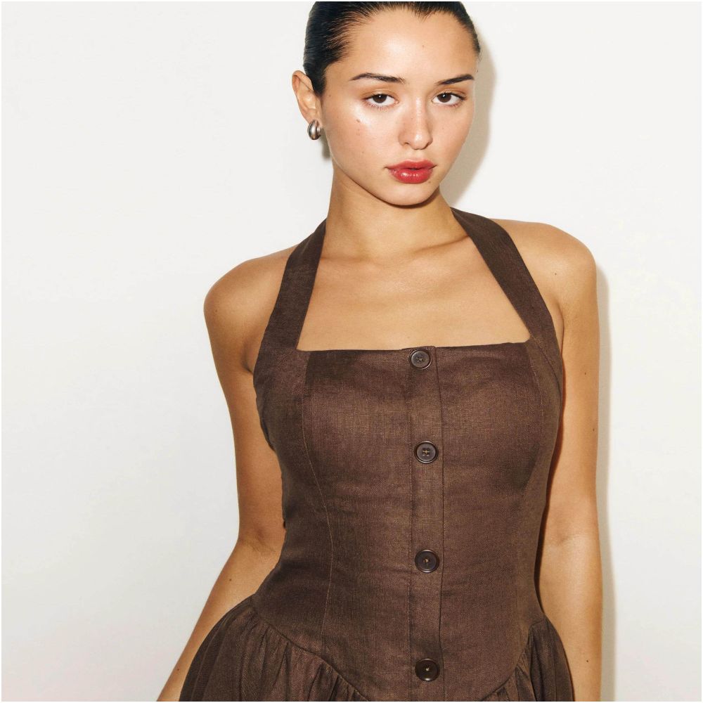 Reformationn French countryside solid color linen hanging neck strapless backless waist mini dress umbrella skirt for women image 4