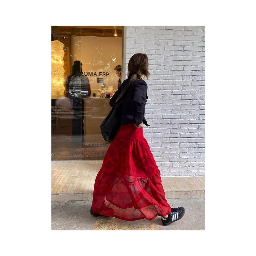 25L18 French Retro Red Printed Half length Skirt with Female Atmosphere High Waist Slightly Transparent Covering the Hips A line Splicing Cake Skirt image 1