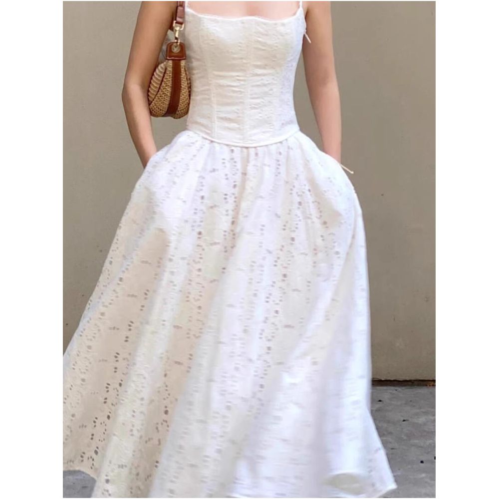 French style Rixo Kiss elegant white openwork sleeveless slip dress summer vacation fitted A line puff dress image 2